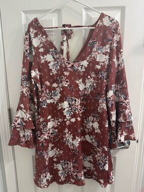 As U Wish Mauve Floral Long Sleeve V-Neck Dress